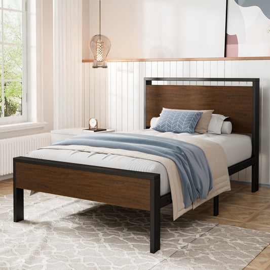 Amolife Twin Size Bed Frame, Heavy Duty Metal Platform Bed with Wooden Headboard & Footboard, No Box Spring Needed