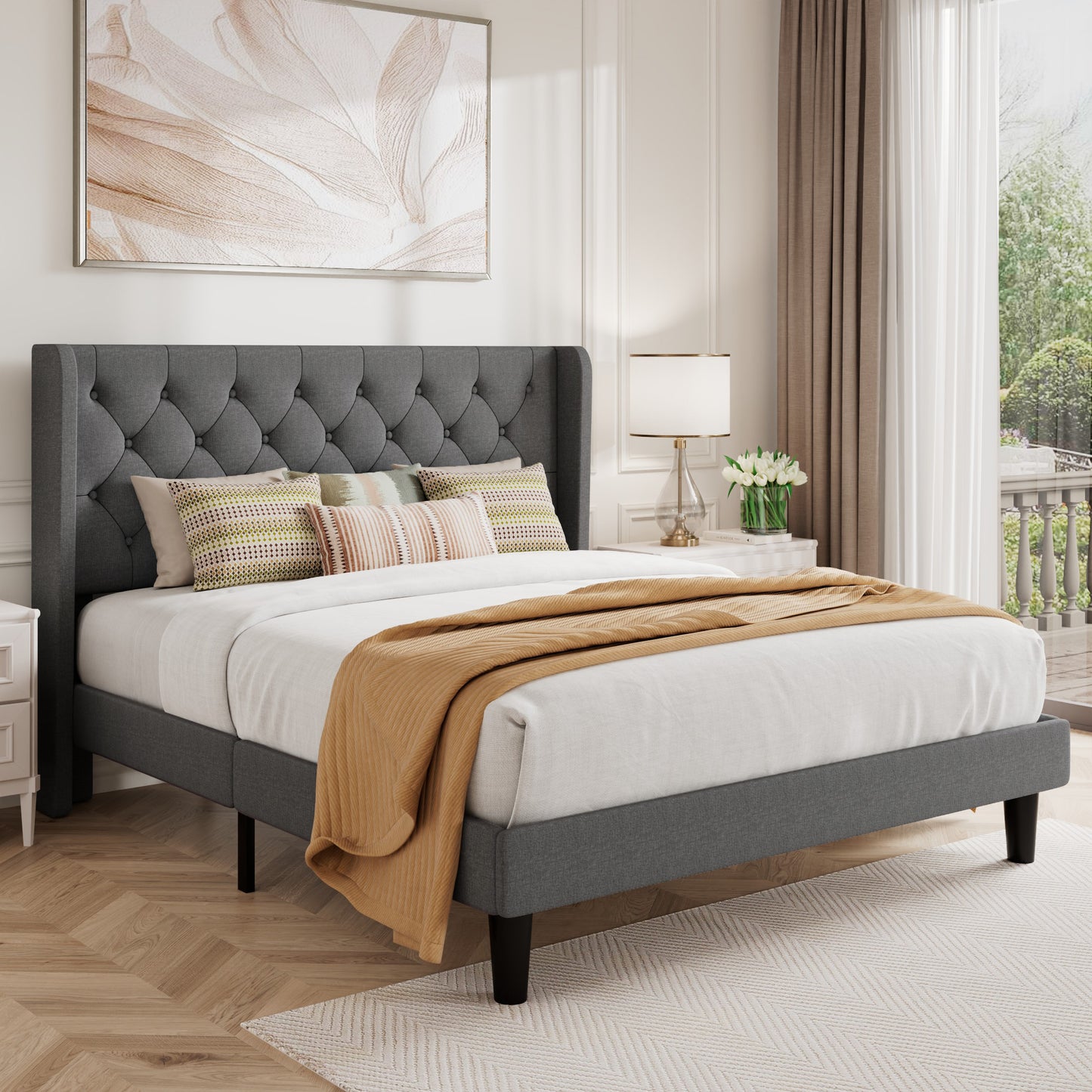 Queen Size Diamond Upholstered Platform Bed Frame with Deluxe Wing Back, Drak Gray