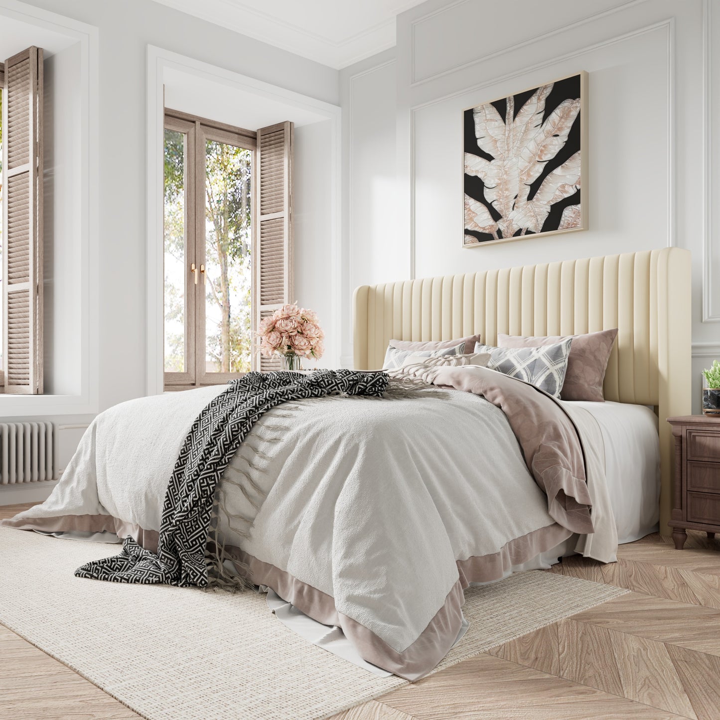 Amolife Velvet Vertical Stripe Upholstered Bed Frame with Wingback Headboard