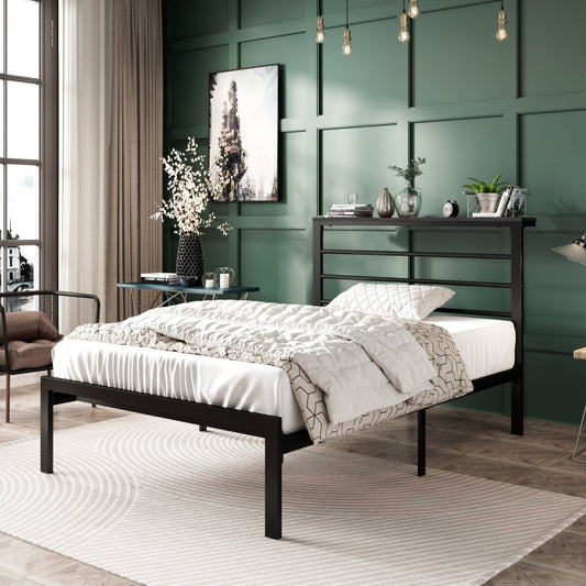 Queen Size Metal Bed Frame with Headboard Shelf, Black Oak