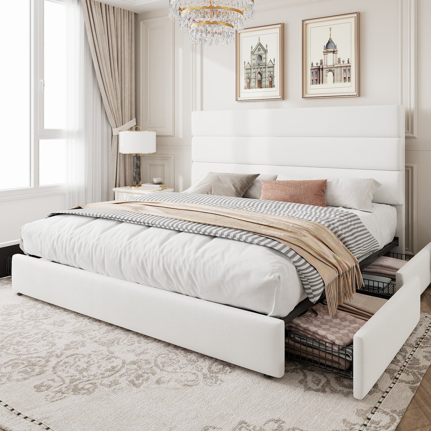 Amolife Upholstered Platform Bed Frame with 4 Storage Drawers & Velvet Slat Headboard