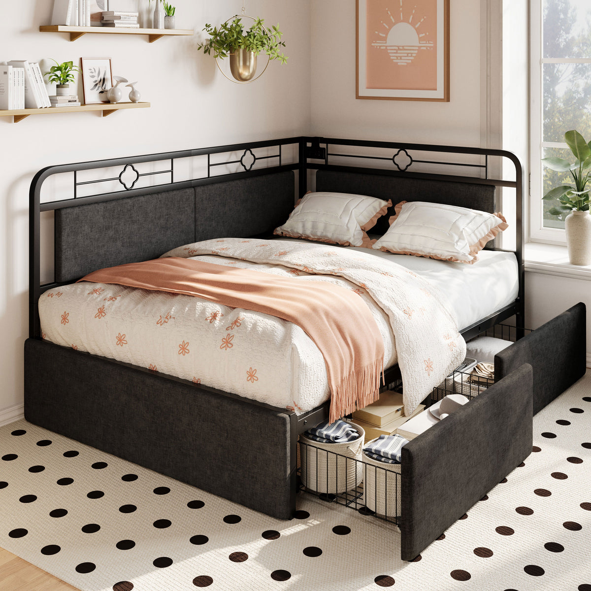 Amolife Daybed Frame with Movable Charging Station and Storage Drawers, Corner Daybed for Living Room, Bedroom and Guest Room