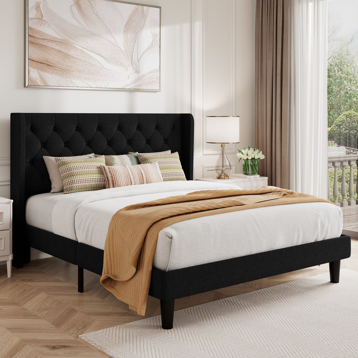 Queen Size Diamond Upholstered Platform Bed Frame with Deluxe Wing Back, Drak Gray
