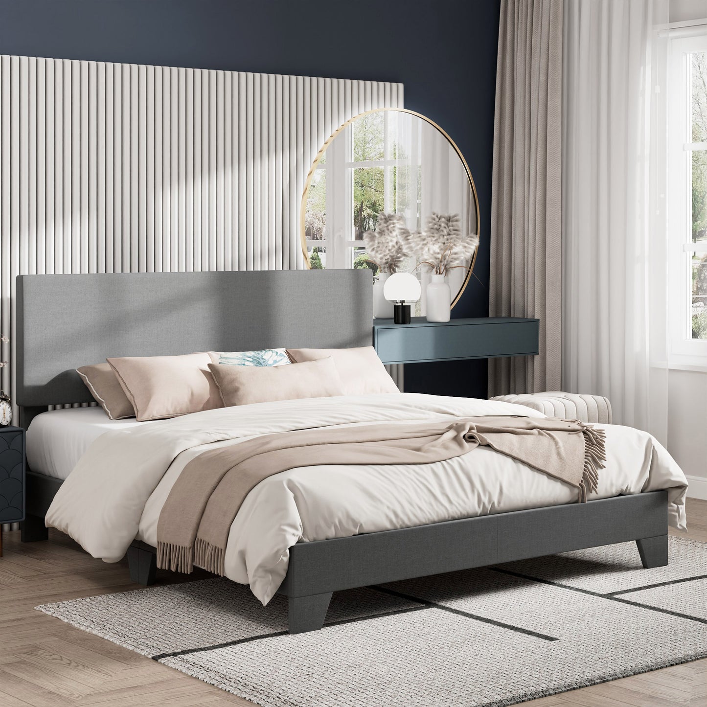 Amolife Faux Leather Platform Bed Frame with Adjustable Headboard
