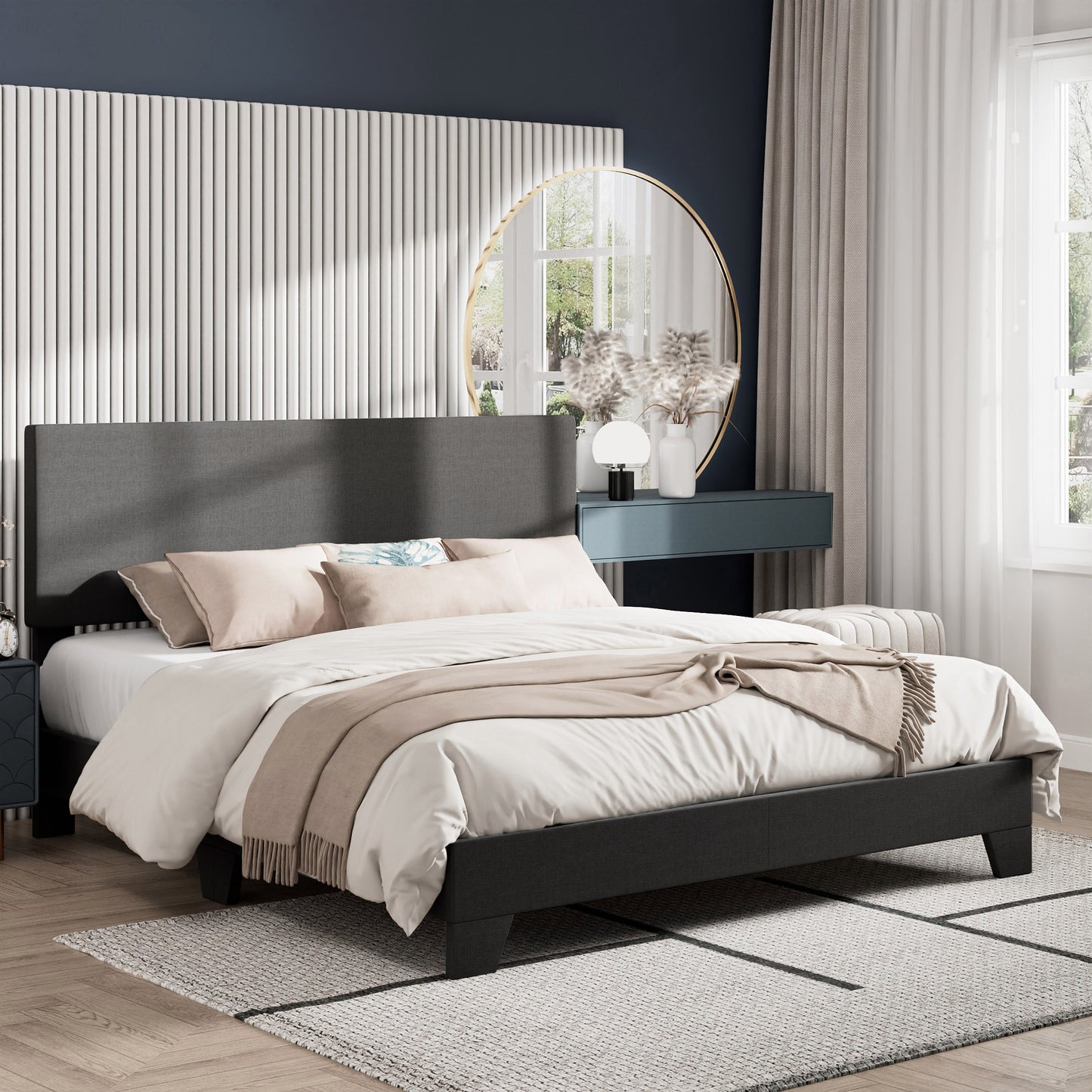 Amolife Faux Leather Platform Bed Frame with Adjustable Headboard