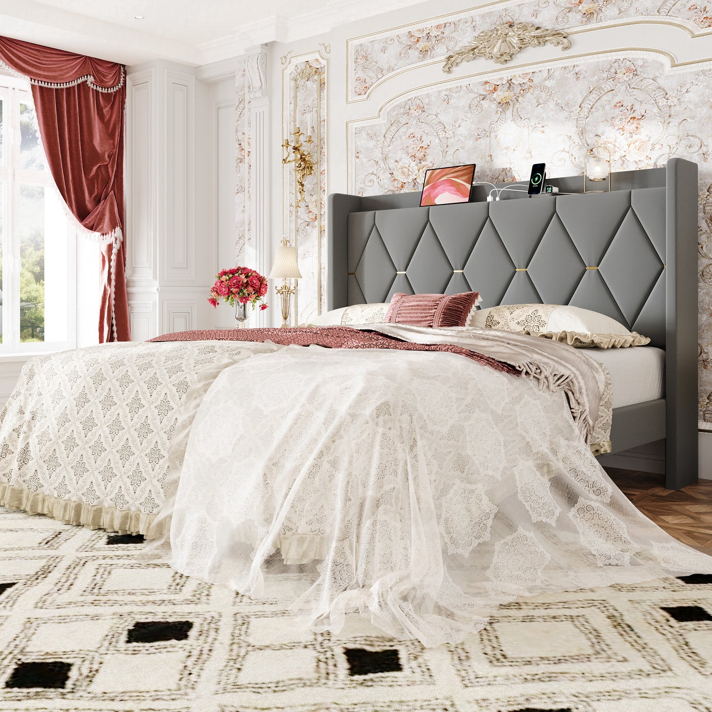 Amolife Upholstered Platform Bed Frame with Charging Station & Velvet Storage Wingback Headboard, No Box Spring Needed