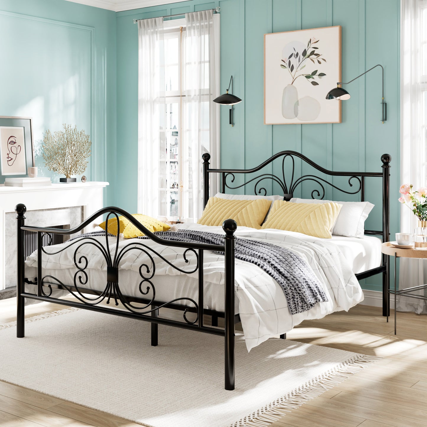 Amolife Metal Platform Bed Frame With Vintage Butterfly Pattern Headboard&Footboard