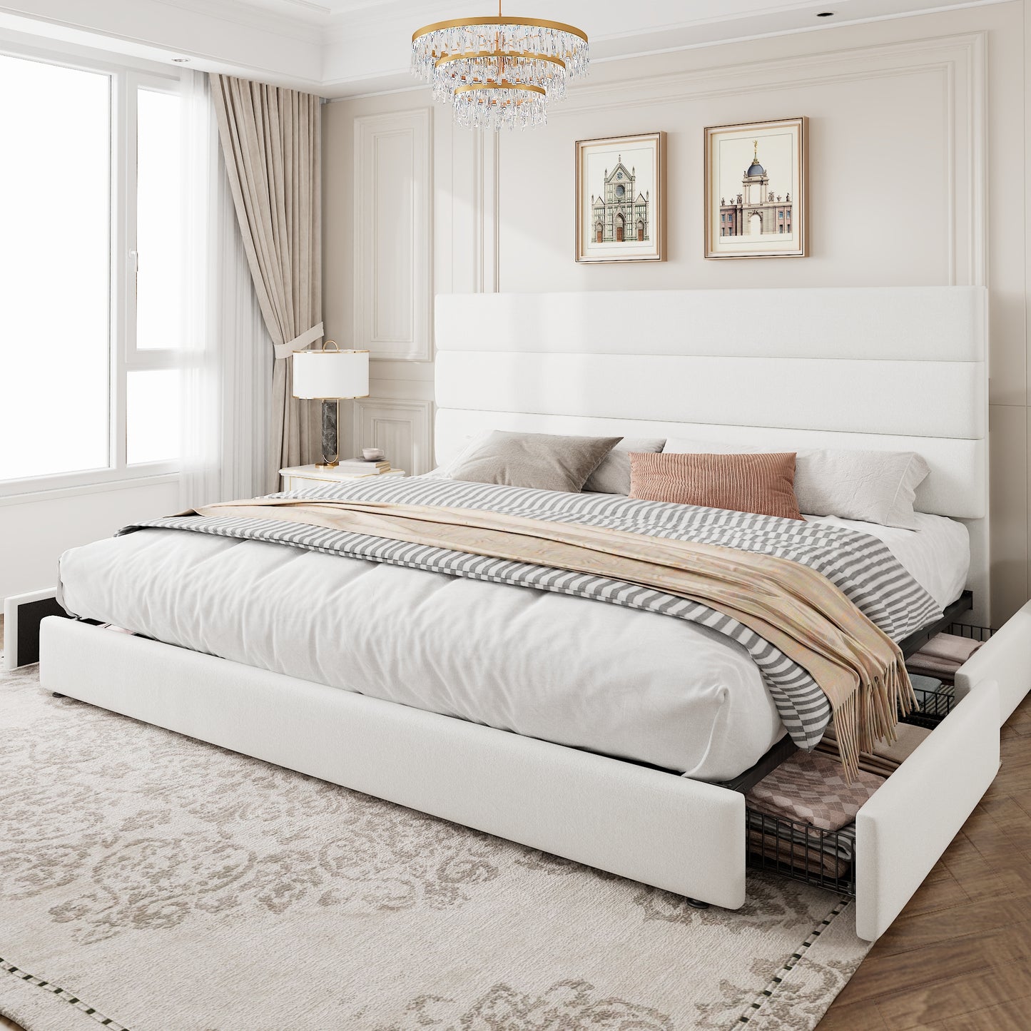 Amolife Upholstered Platform Bed Frame with 4 Storage Drawers & Velvet Slat Headboard