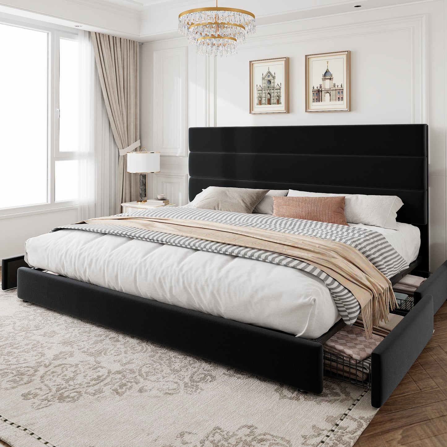 Amolife Upholstered Platform Bed Frame with 4 Storage Drawers & Velvet Slat Headboard