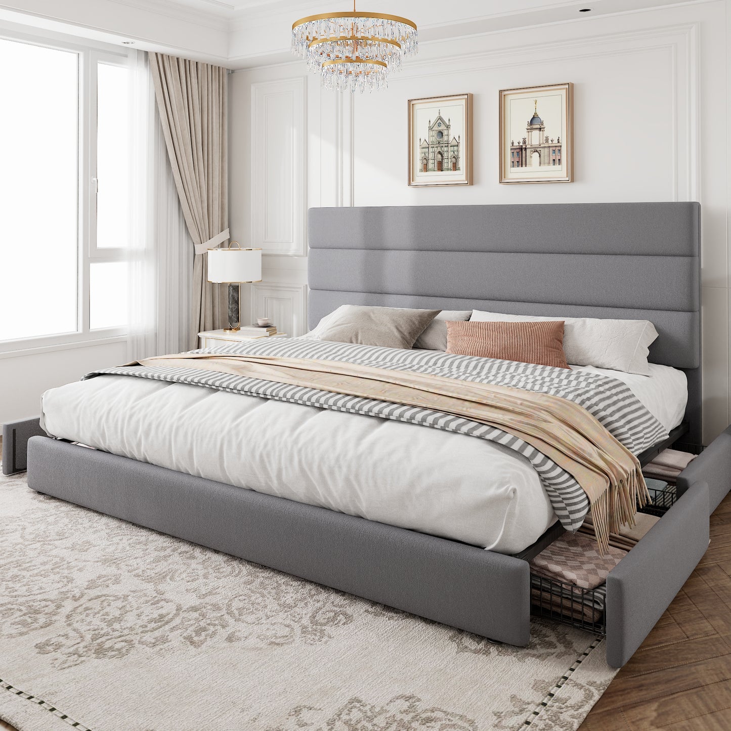 Amolife Upholstered Platform Bed Frame with 4 Storage Drawers & Velvet Slat Headboard