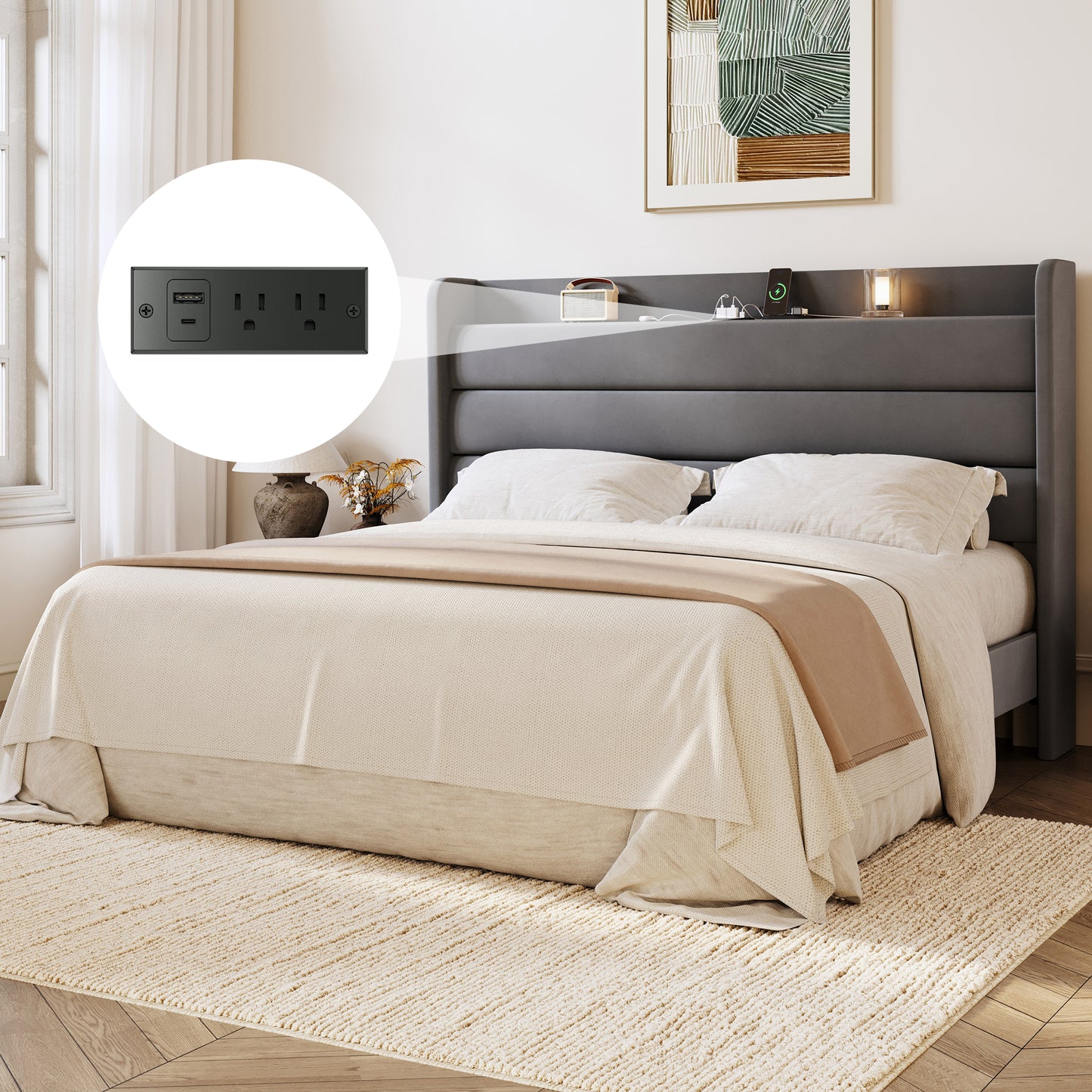 Amolife Platform Bed Frame with Upholstered Velvet Wingback Slat Headboard & Built-In Charging Station