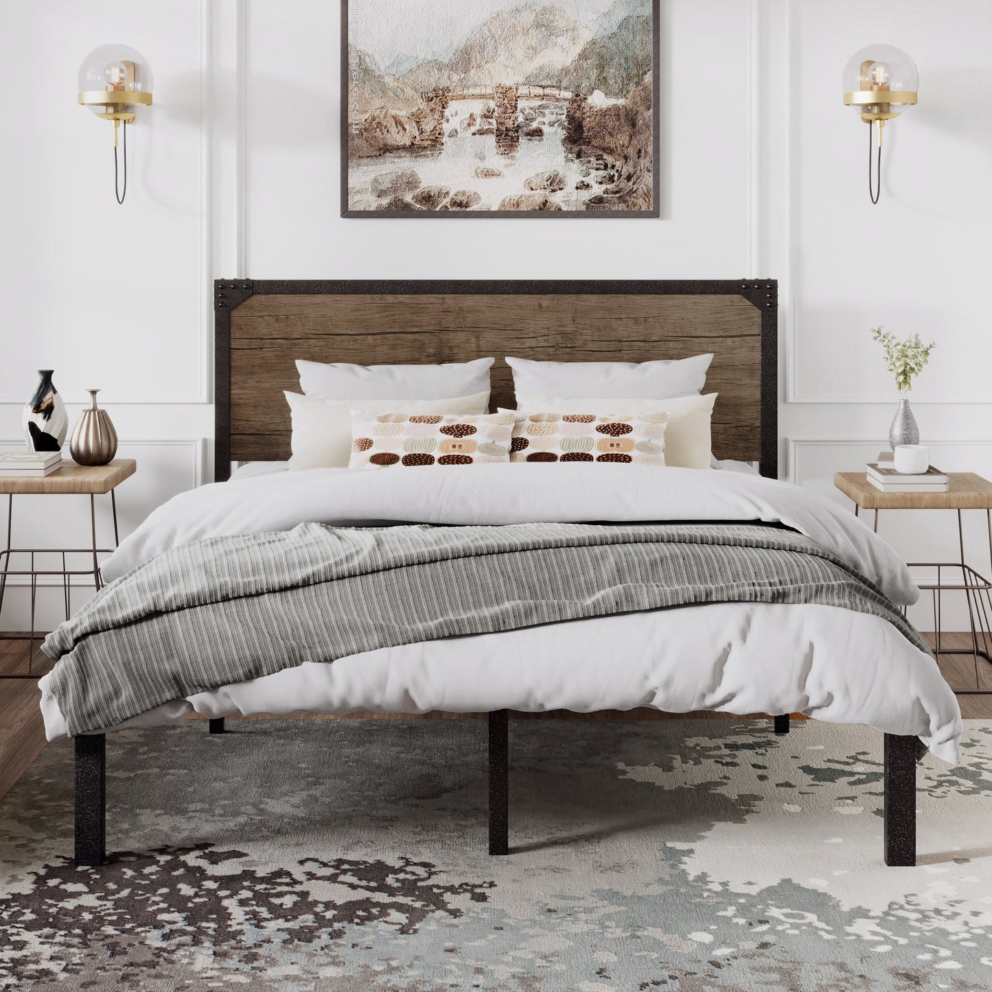 Amolife Metal Platform Bed Frame with Industrial Wooden Rivet Headboard