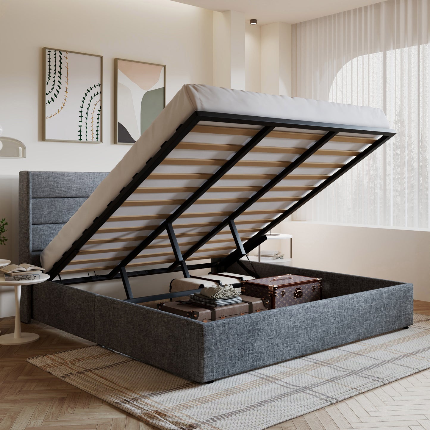 Amolife Upholstered Lifting up Storage Bed Frame with Wingback Headboard