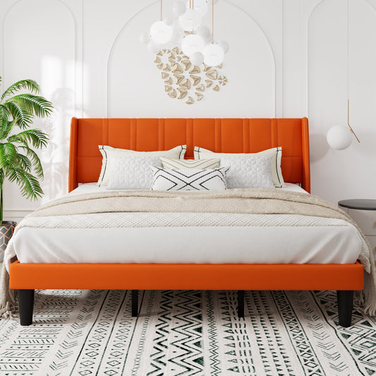 Queen Size Faux Leather Platform Bed Frame with Exquisite Wingback Headboard, Orange