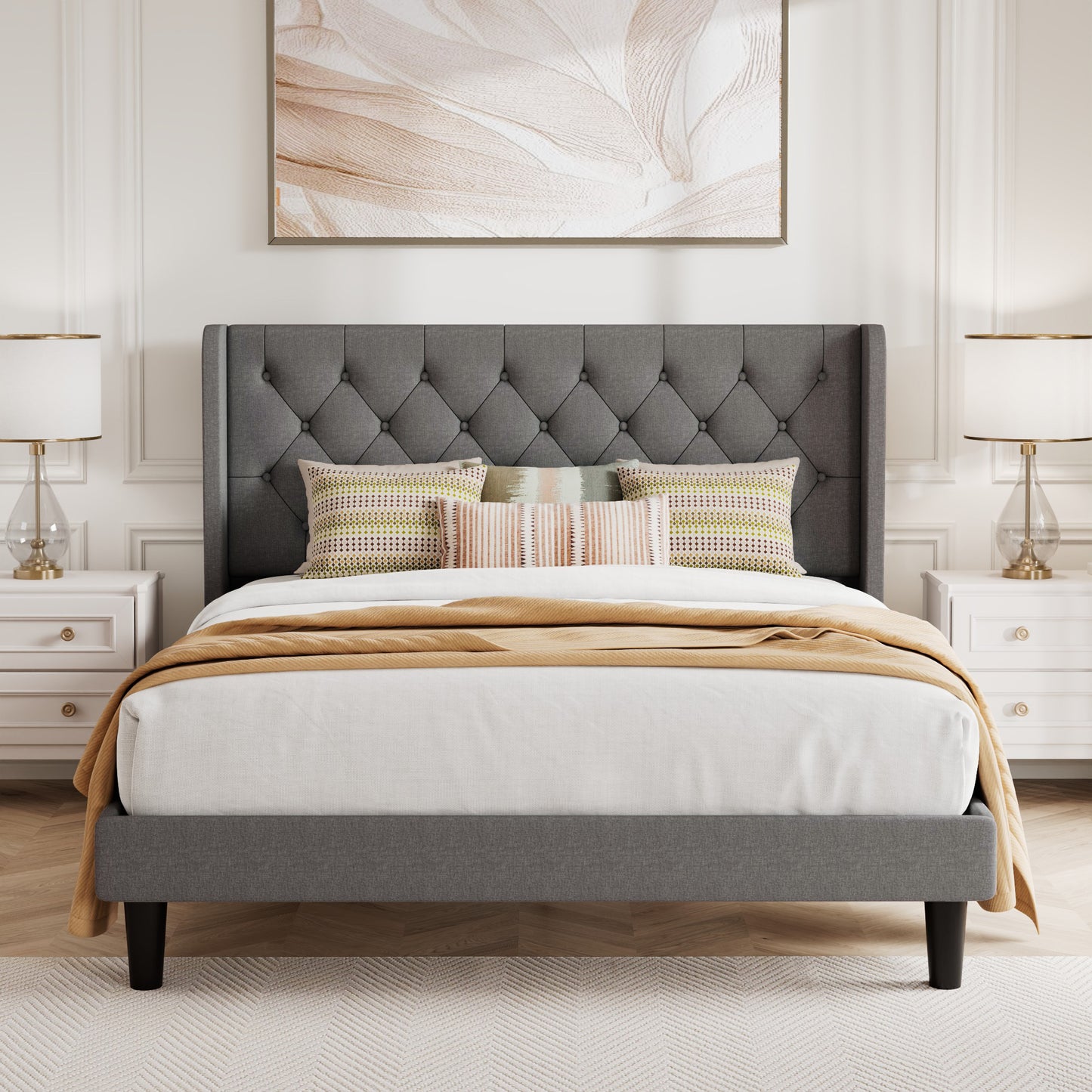 Queen Size Diamond Upholstered Platform Bed Frame with Deluxe Wing Back, Drak Gray