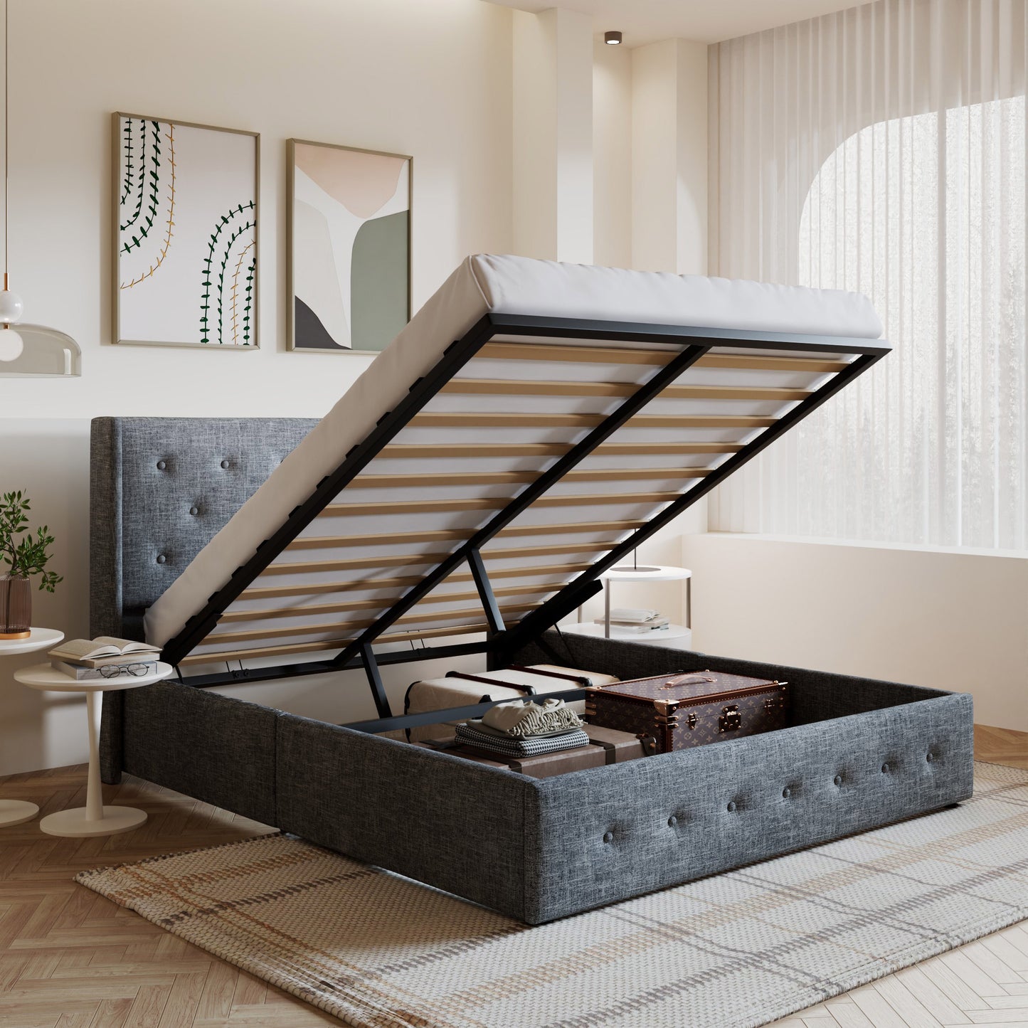 Amolife Upholstered Lifting up Storage Bed Frame with Wingback Headboard