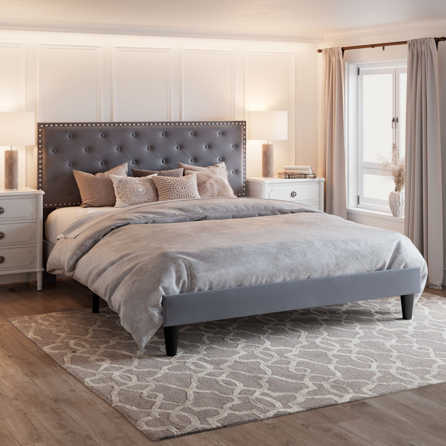 Queen Bed Frame with Adjustable Velvet-Studded Headboard, Black