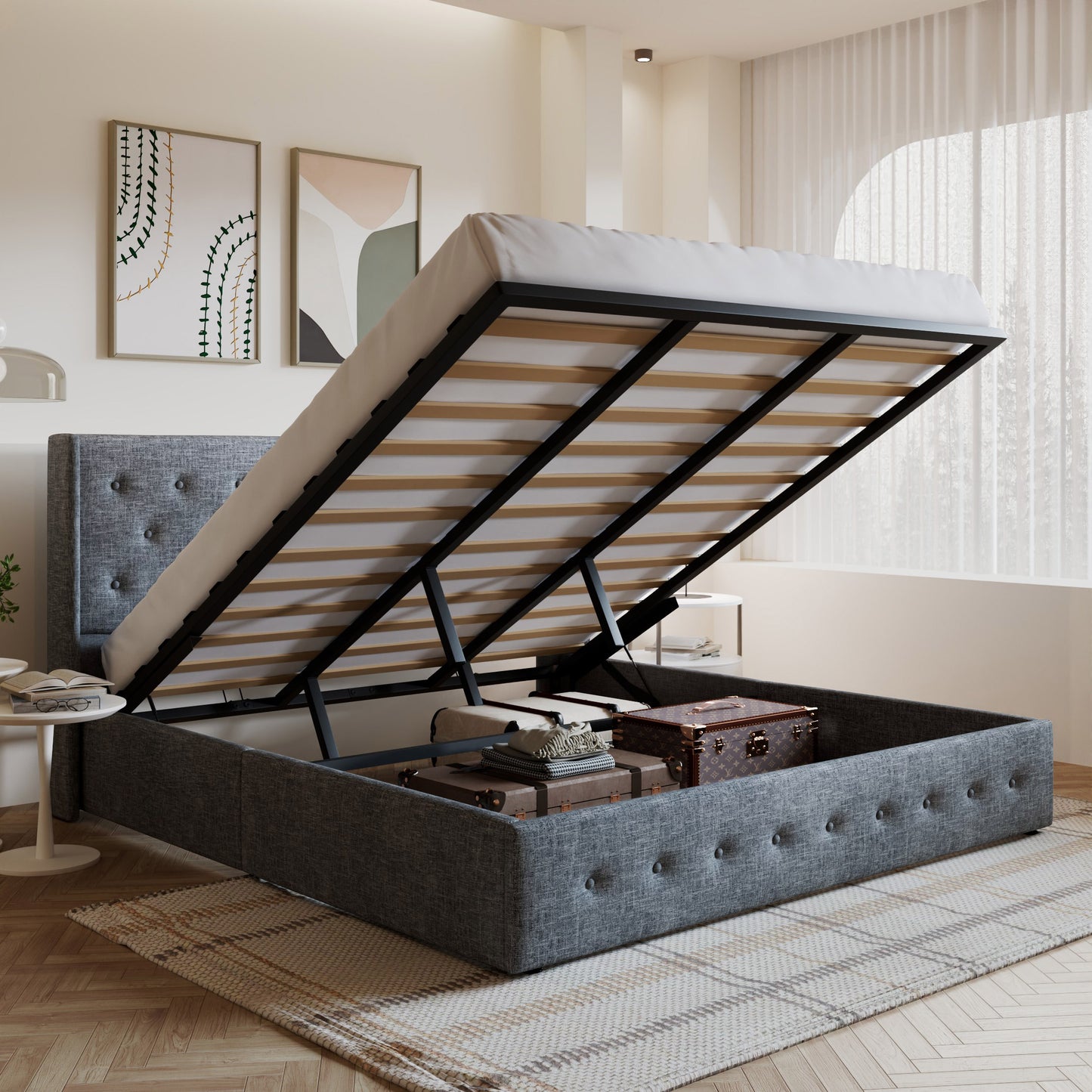 Amolife Upholstered Lifting up Storage Bed Frame with Wingback Headboard