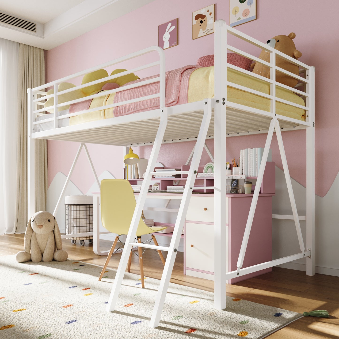 Amolife Twin Metal Loft Bed Frame with Ladder, High Loft Bed with Full-Length Safety Guardrails, Heavy Duty Space Saving Platform Bed, No Box Spring Needed