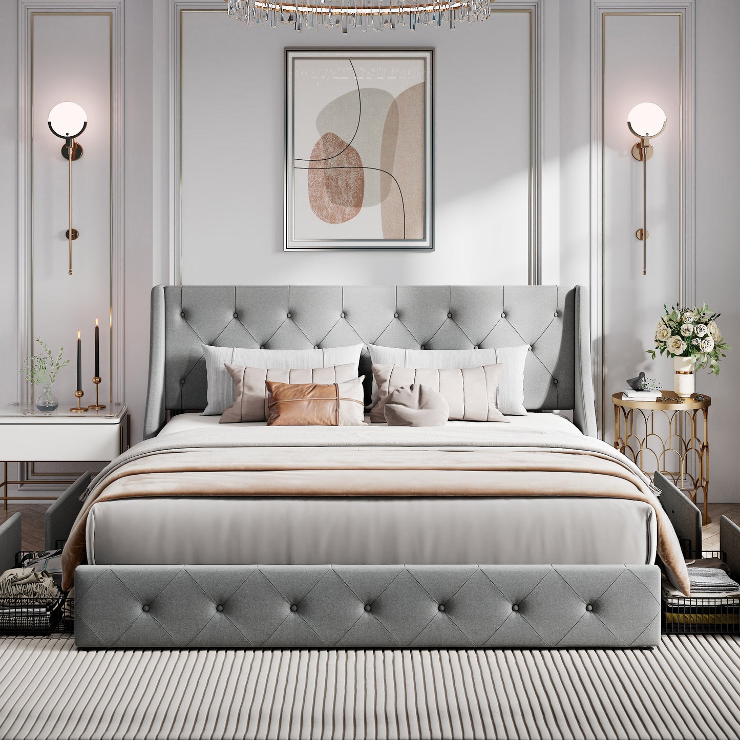 Queen Size Platform Bed Frame with 4 Storage Drawers and Wingback Headboard, Diamond Stitched Button Tufted Style, Dark Gray