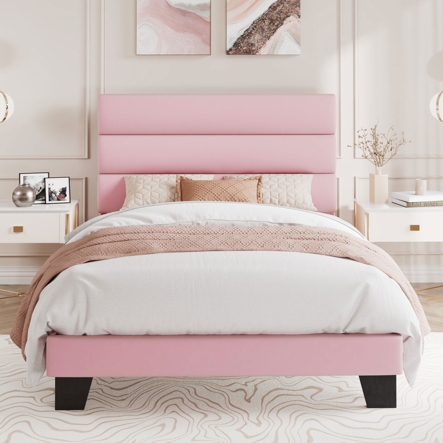 Amolife Twin Size Platform Bed Frame with Upholstered Slat Headboard, No Box Spring Needed