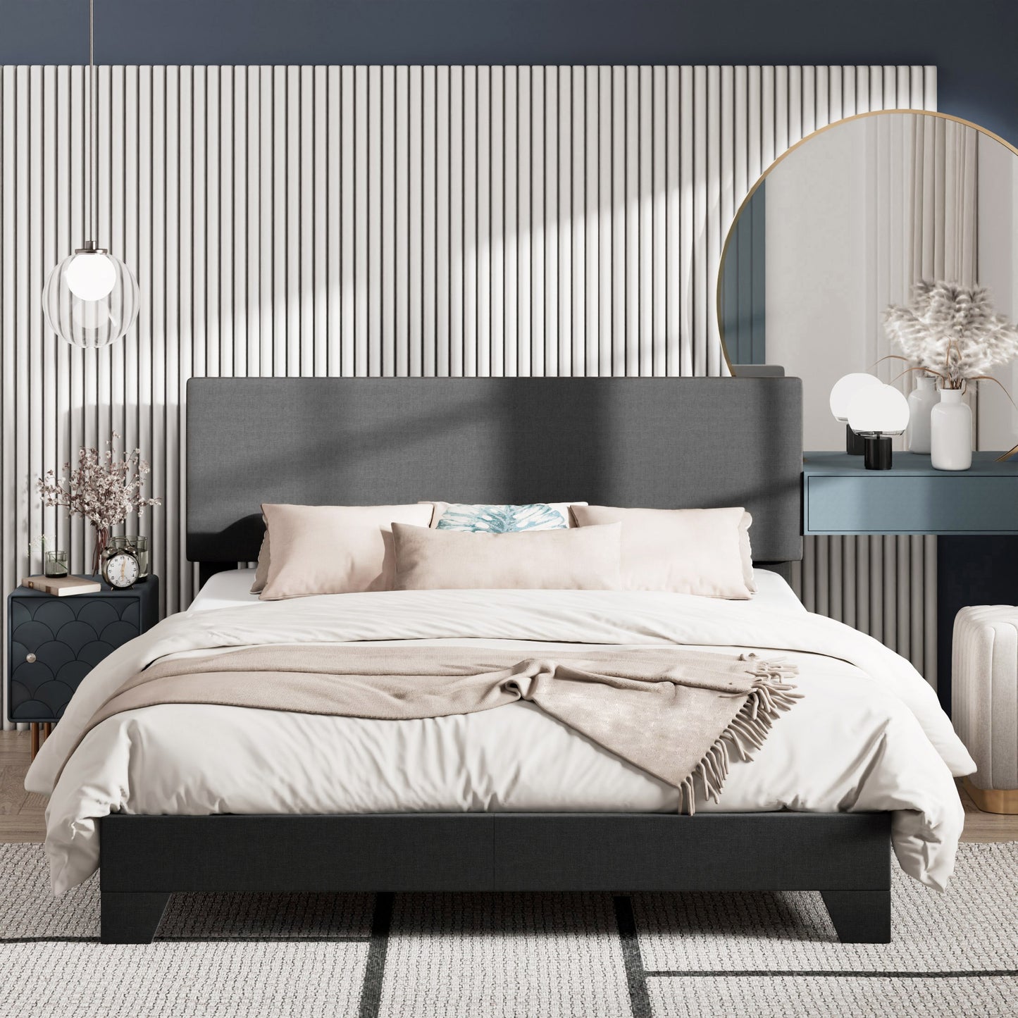 Amolife Faux Leather Platform Bed Frame with Adjustable Headboard