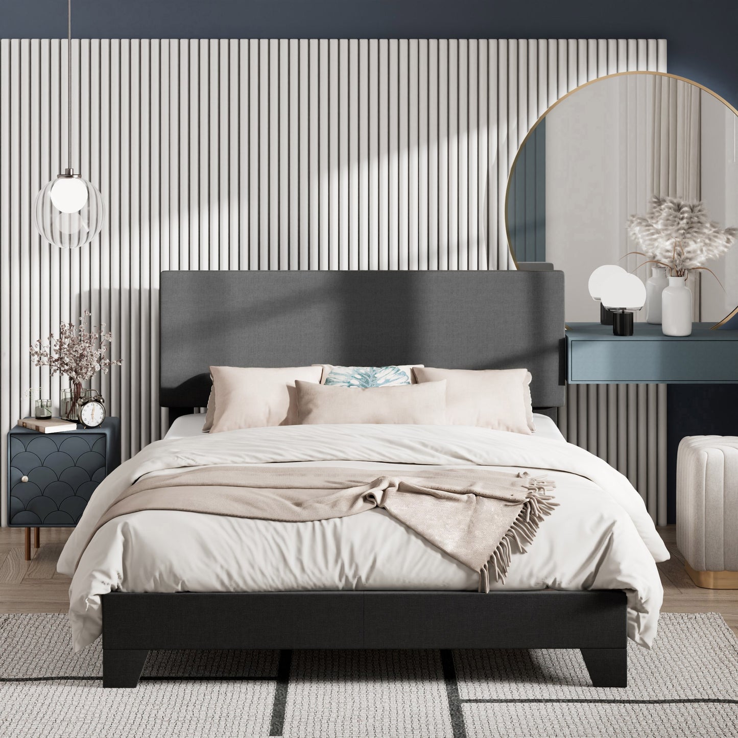 Amolife Faux Leather Platform Bed Frame with Adjustable Headboard