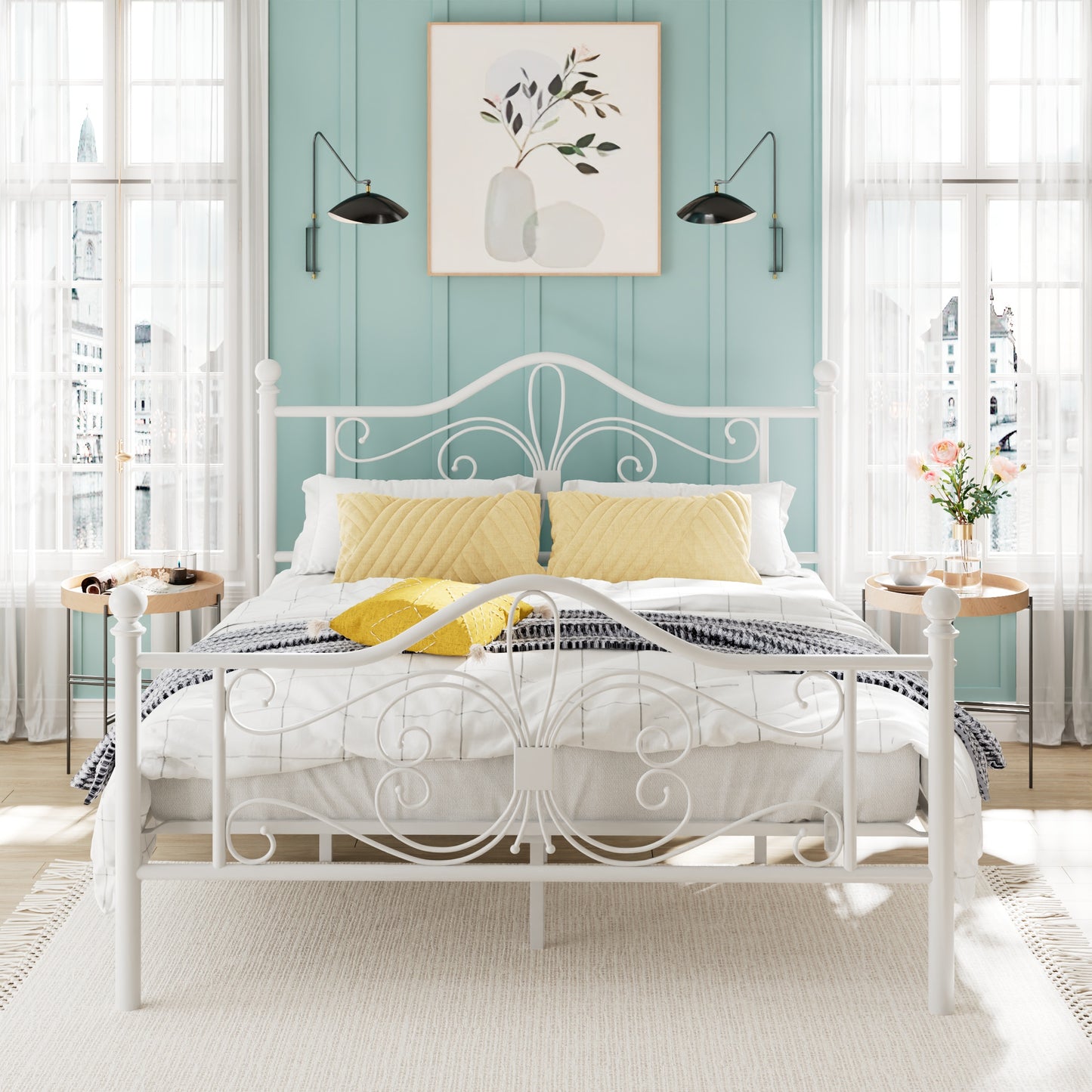 Amolife Metal Platform Bed Frame With Vintage Butterfly Pattern Headboard&Footboard