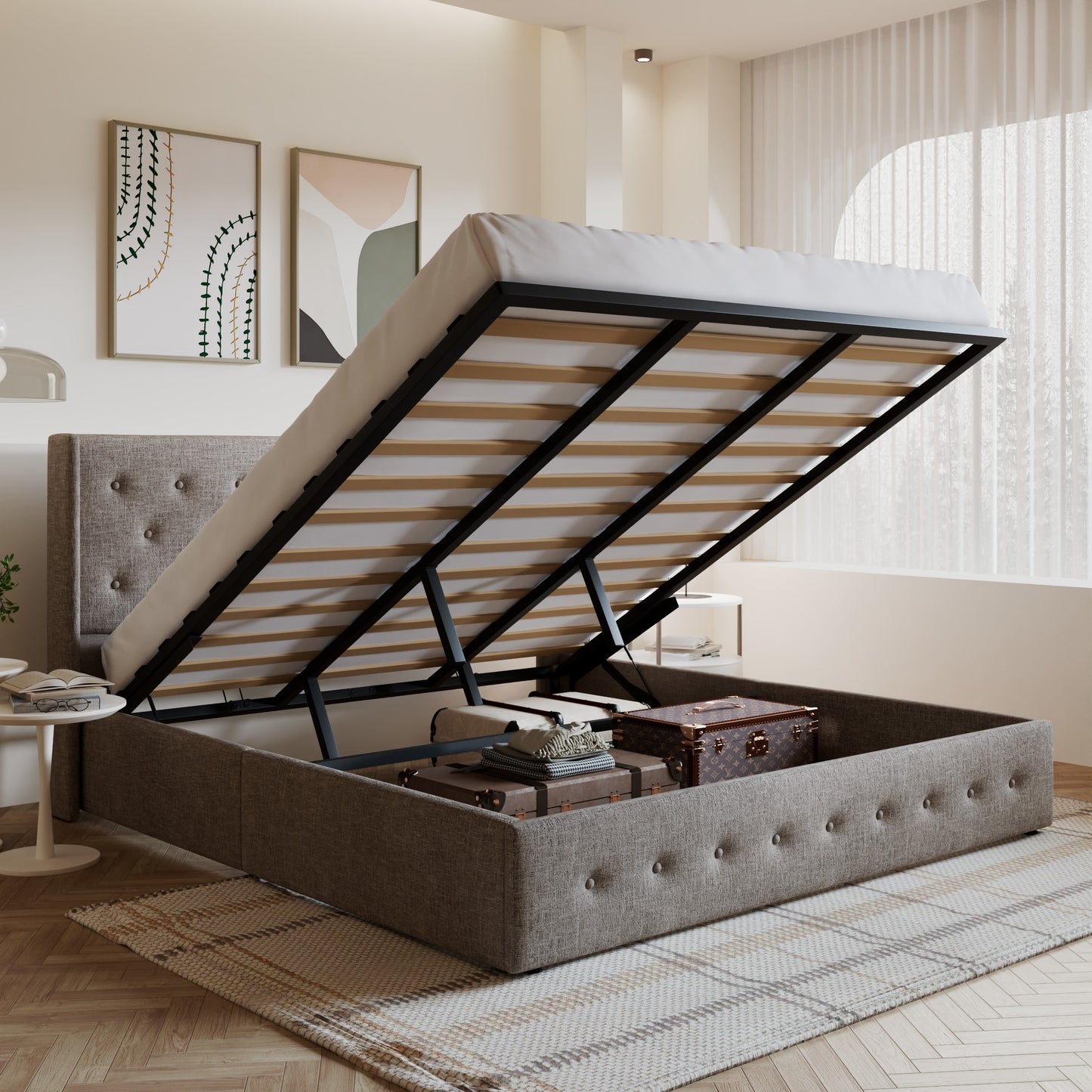 Amolife Upholstered Lifting up Storage Bed Frame with Wingback Headboard