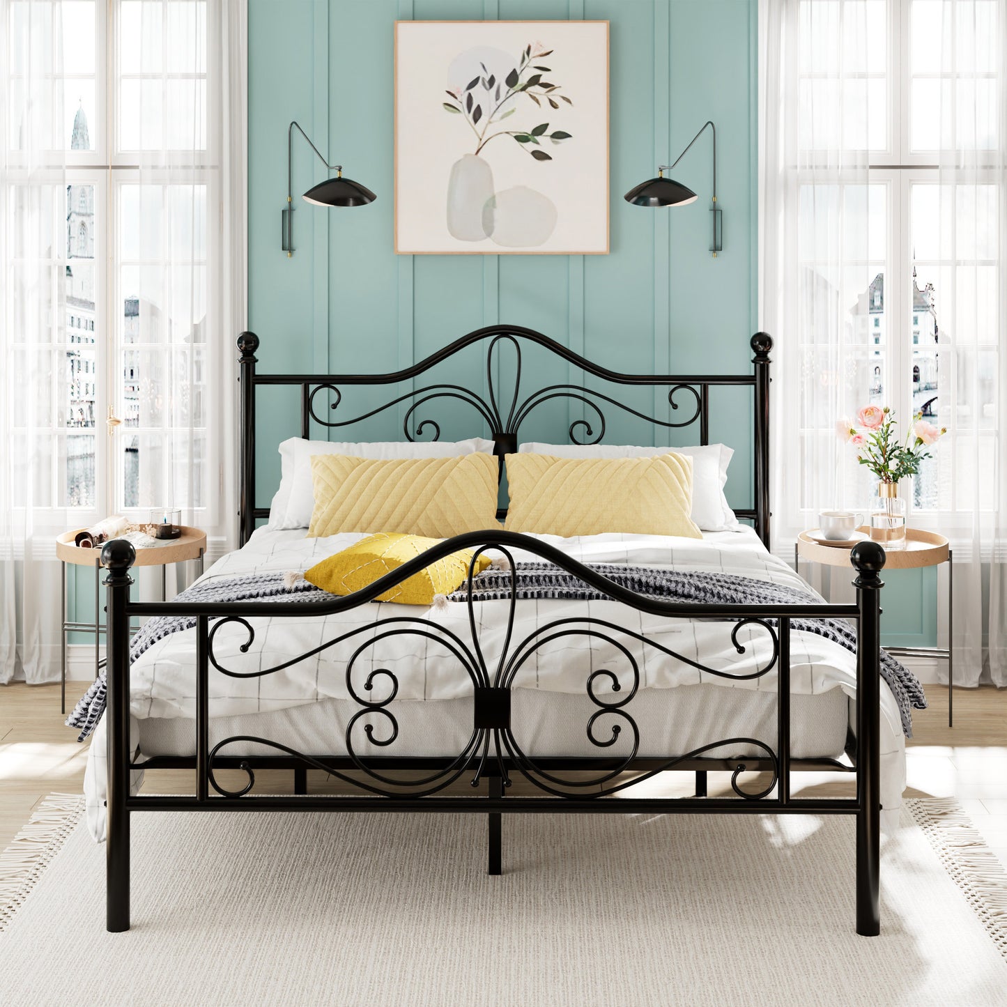 Amolife Metal Platform Bed Frame With Vintage Butterfly Pattern Headboard&Footboard