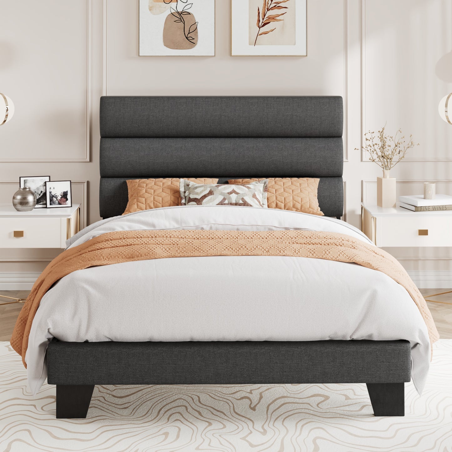 Amolife Twin Size Platform Bed Frame with Upholstered Slat Headboard, No Box Spring Needed