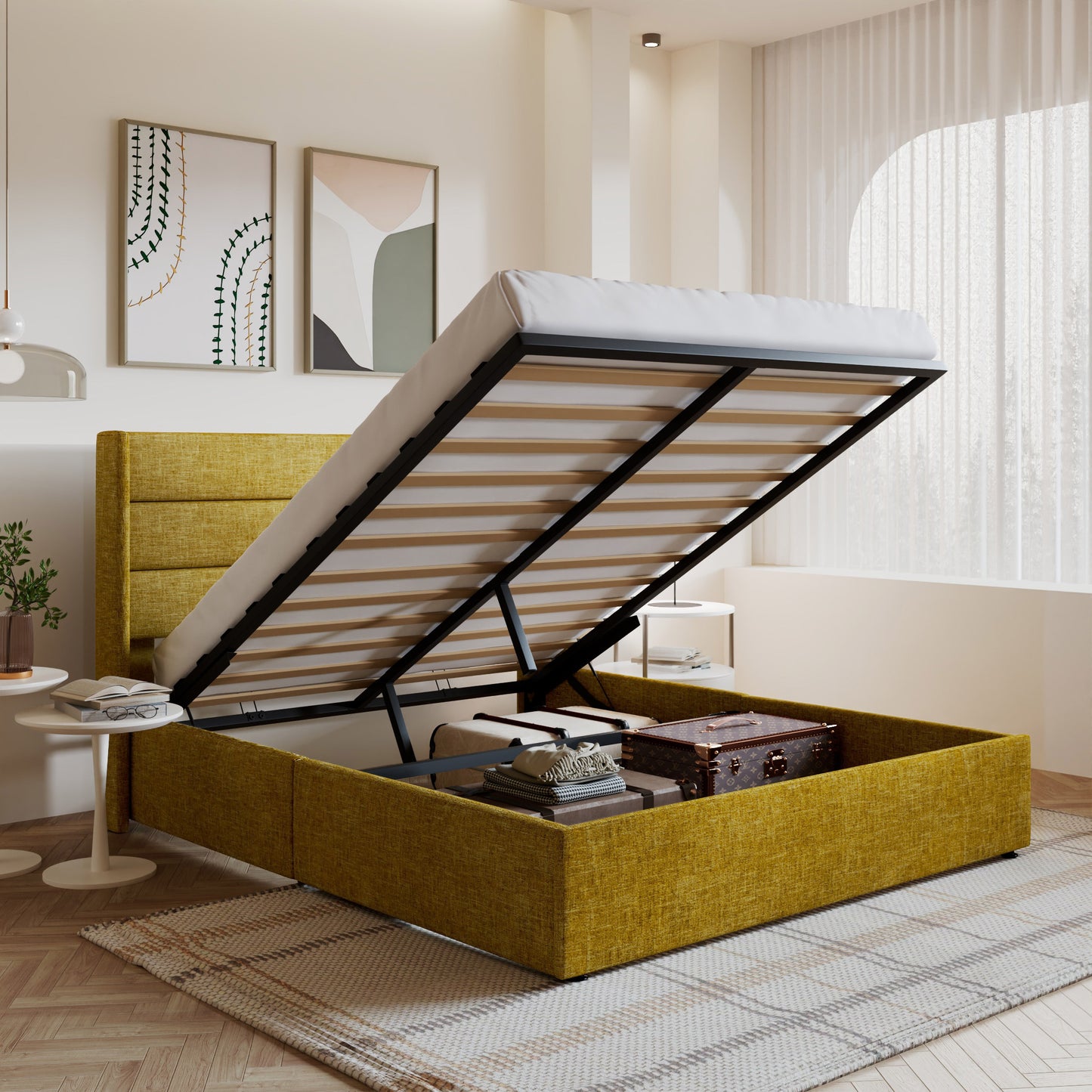 Amolife Upholstered Lifting up Storage Bed Frame with Wingback Headboard