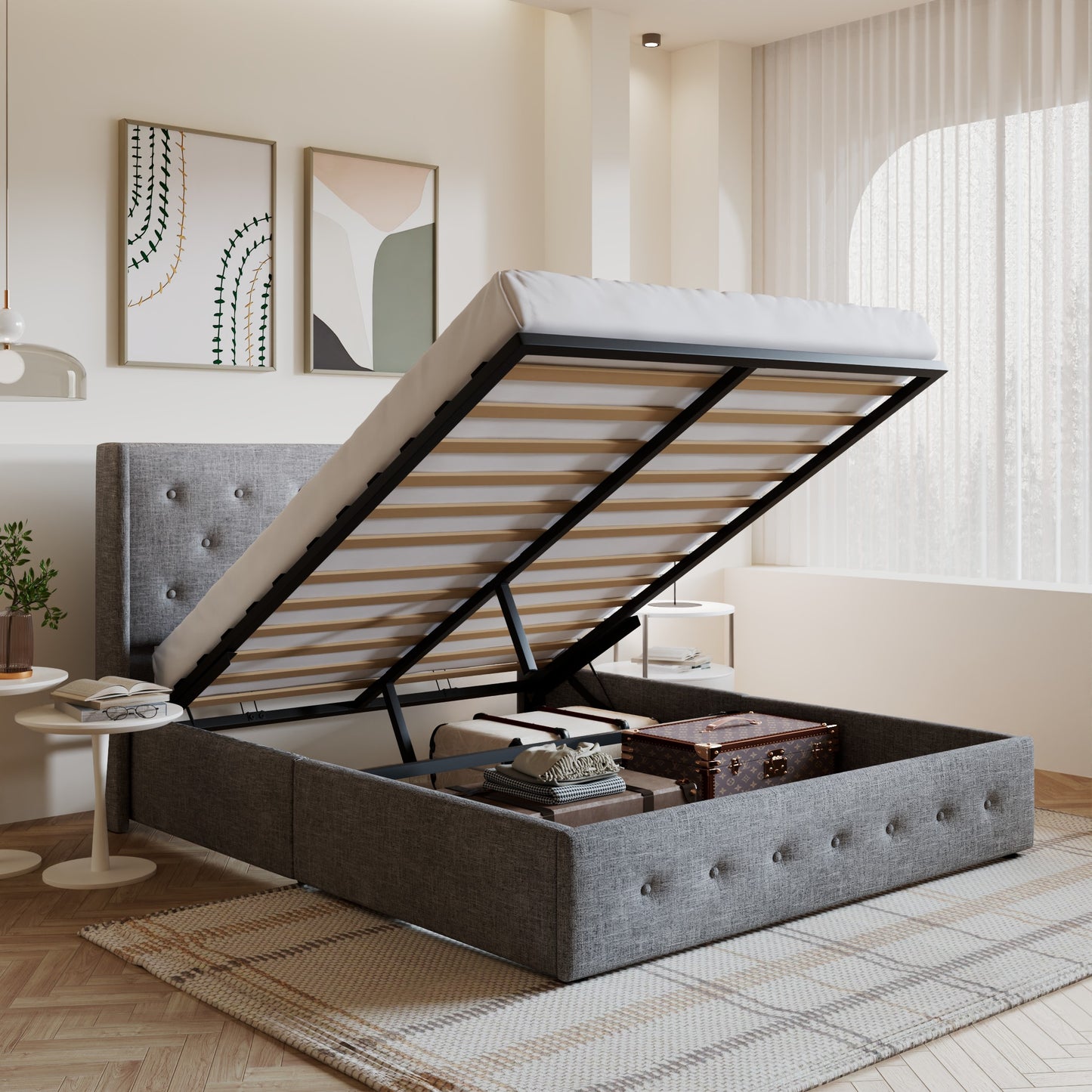 Amolife Upholstered Lifting up Storage Bed Frame with Wingback Headboard