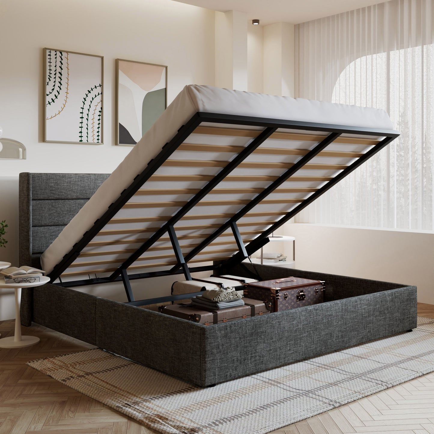 Amolife Upholstered Lifting up Storage Bed Frame with Wingback Headboard