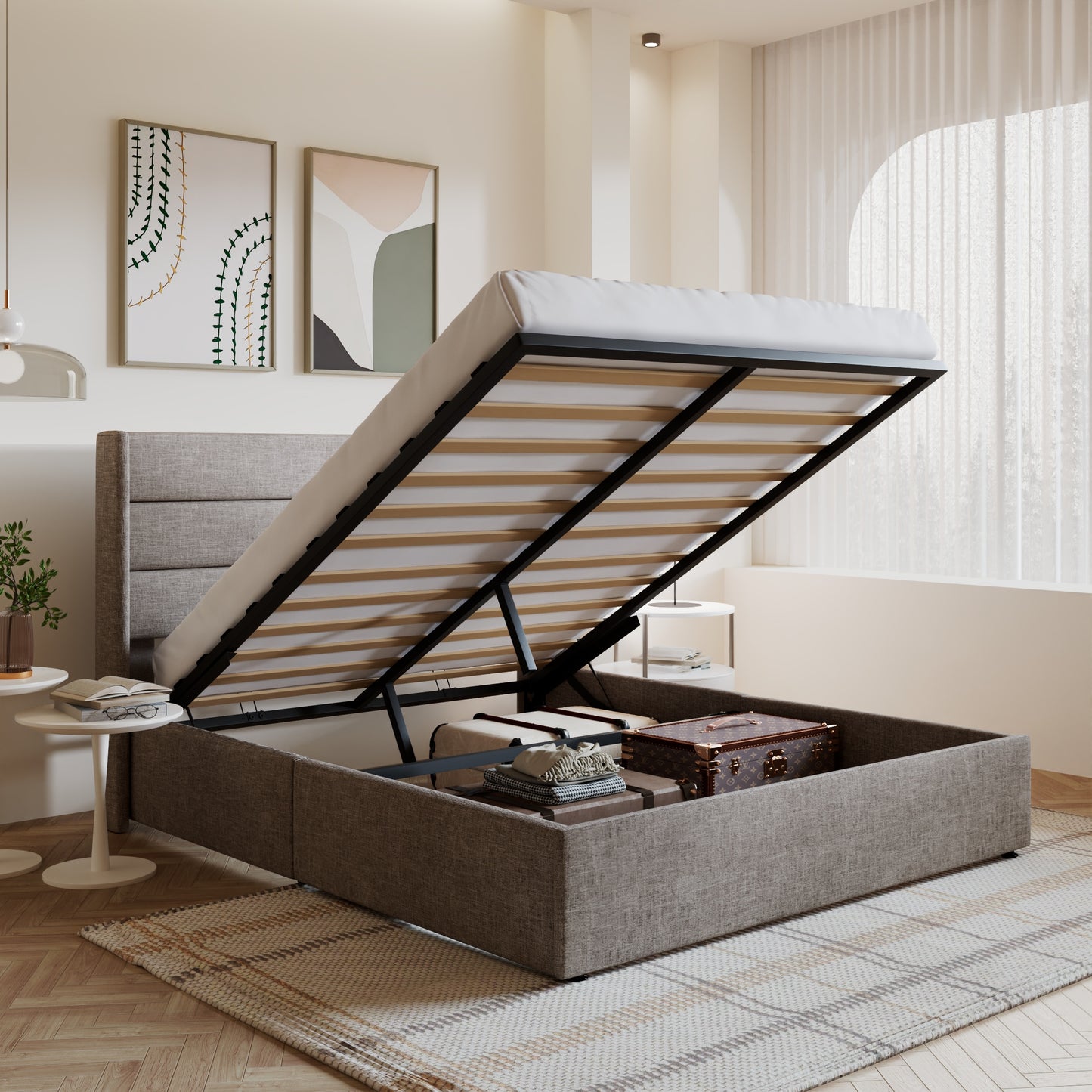 Amolife Upholstered Lifting up Storage Bed Frame with Wingback Headboard