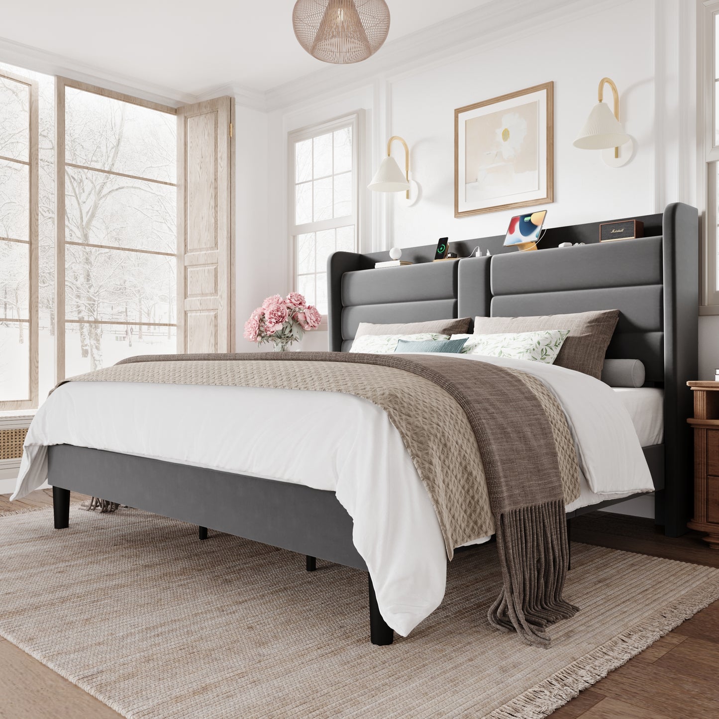 Amolife Upholstered Platform Bed Frame with Velvet Wingback Headboard & USB Charging Ports, No Box Spring Needed