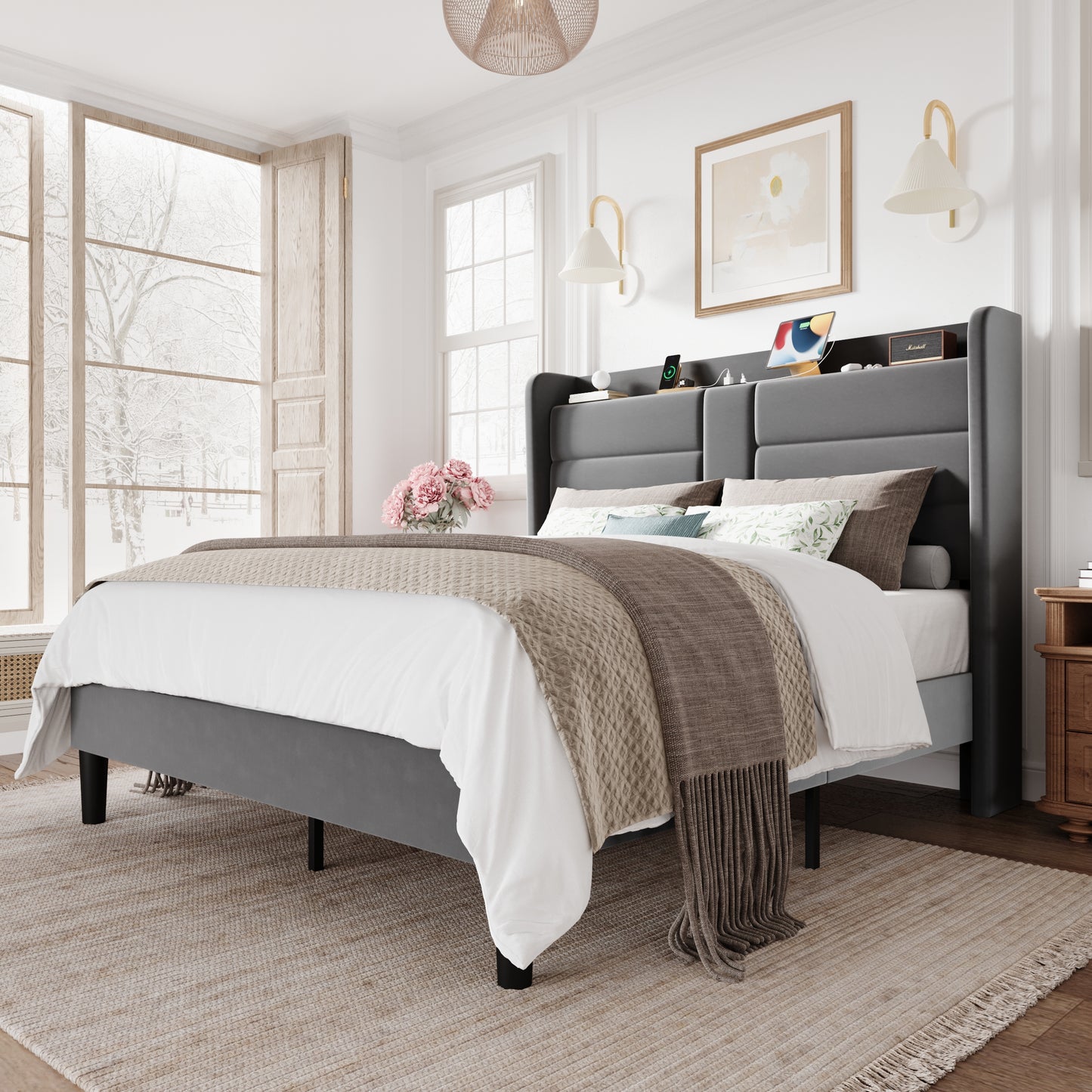 Amolife Upholstered Platform Bed Frame with Velvet Wingback Headboard & USB Charging Ports, No Box Spring Needed