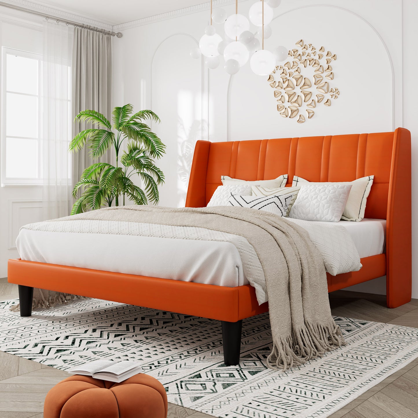 Queen Size Faux Leather Platform Bed Frame with Luxurious Wingback Headboard,Orange