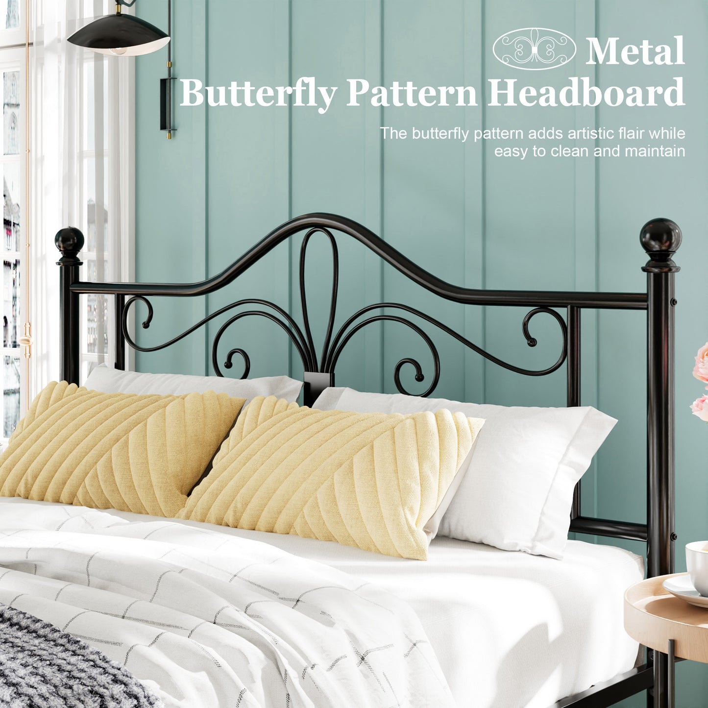 Amolife Metal Platform Bed Frame With Vintage Butterfly Pattern Headboard&Footboard