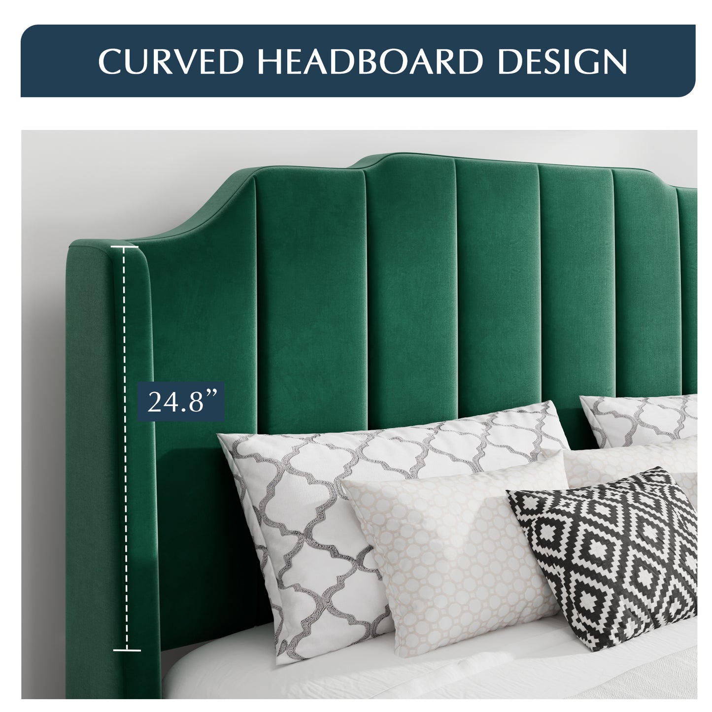 Modern Curved Wood Bed Frame with Upholstered Wingback Headboard