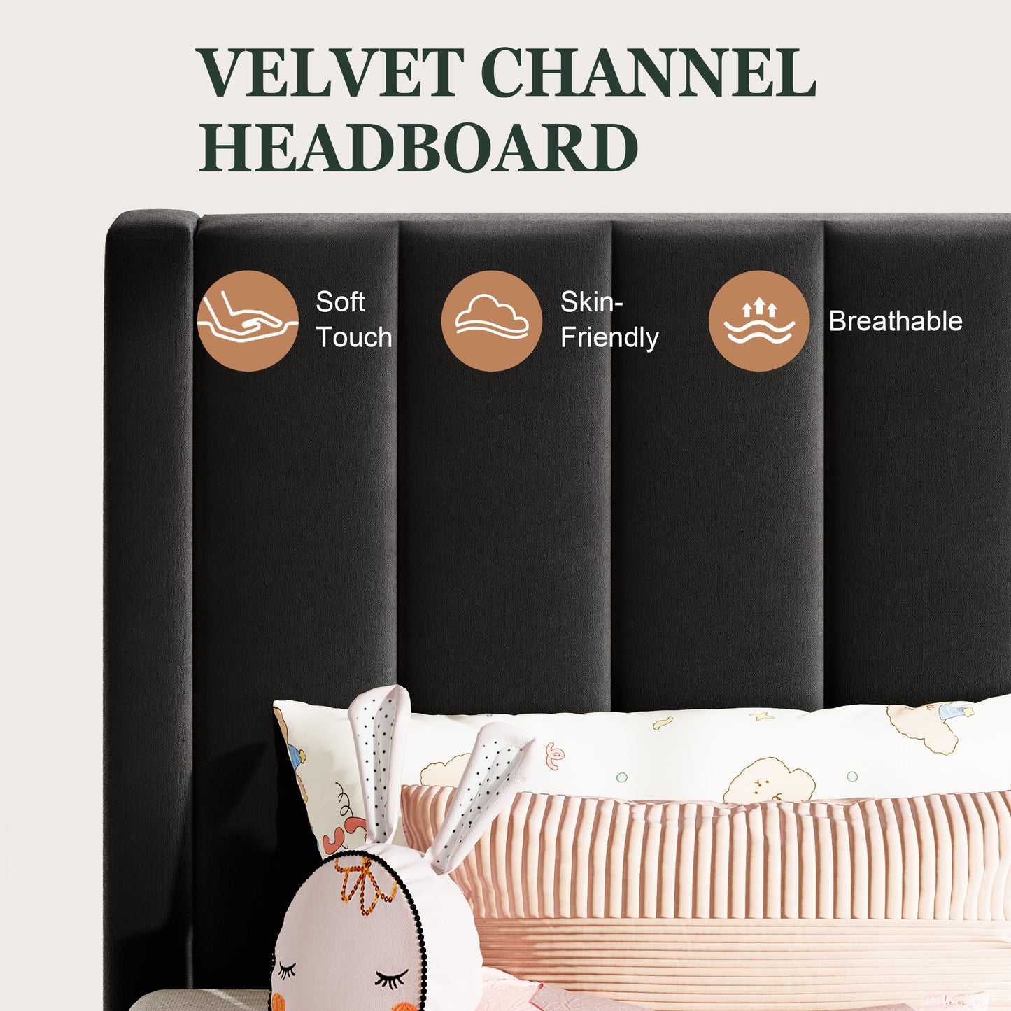 Amolife Twin Size Bed Frame with Velvet Channel Headboard