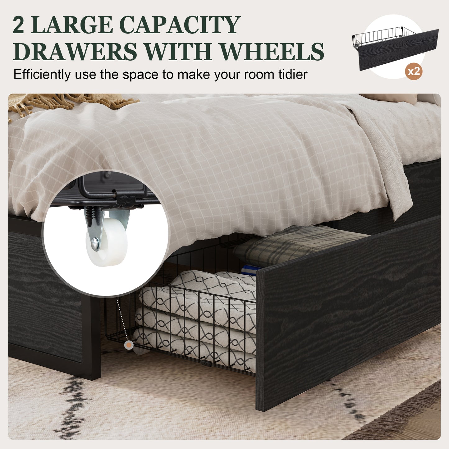 Amolife Platform Bed Frame with 2 Lockable Storage Drawers and Metal Slats
