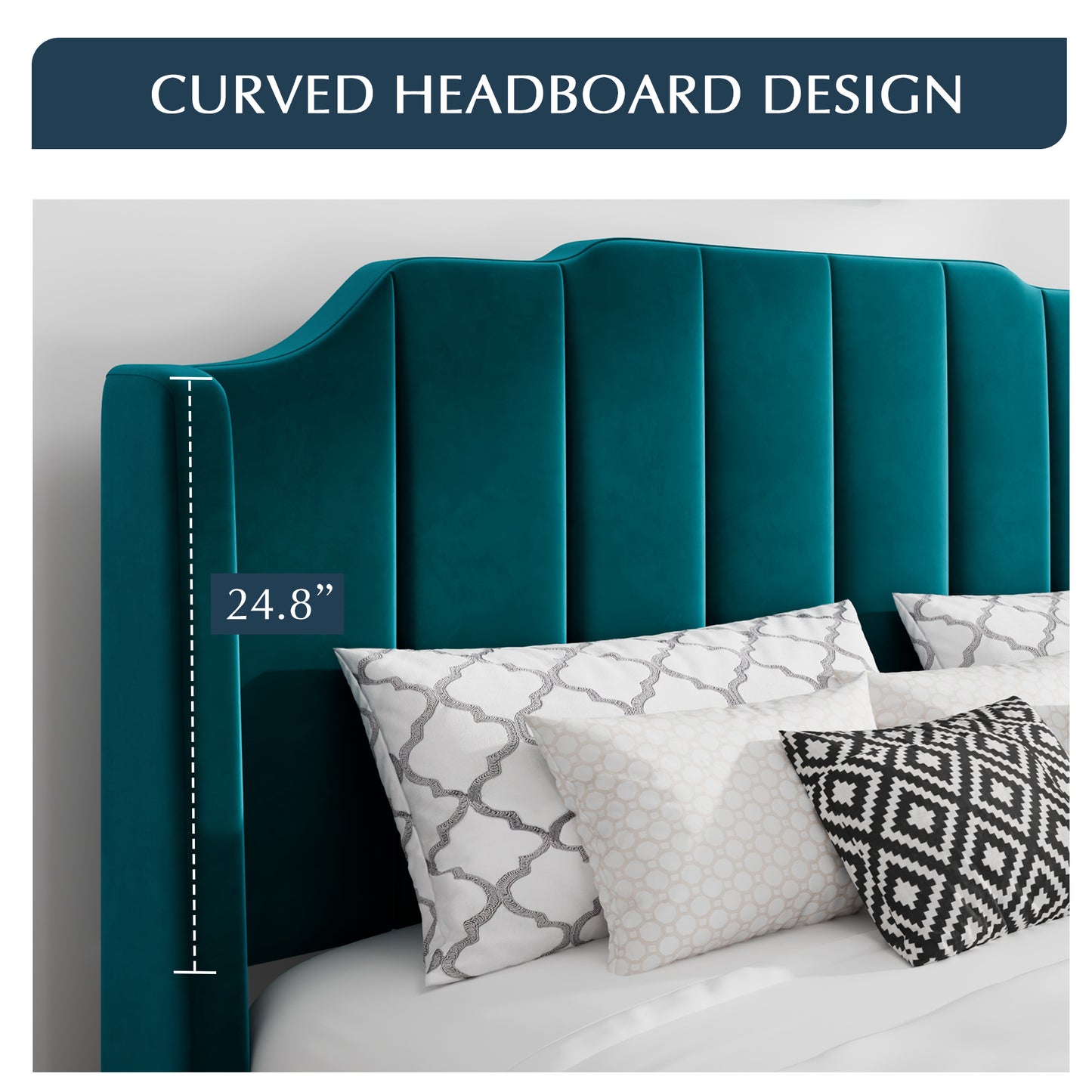 Modern Curved Wood Bed Frame with Upholstered Wingback Headboard