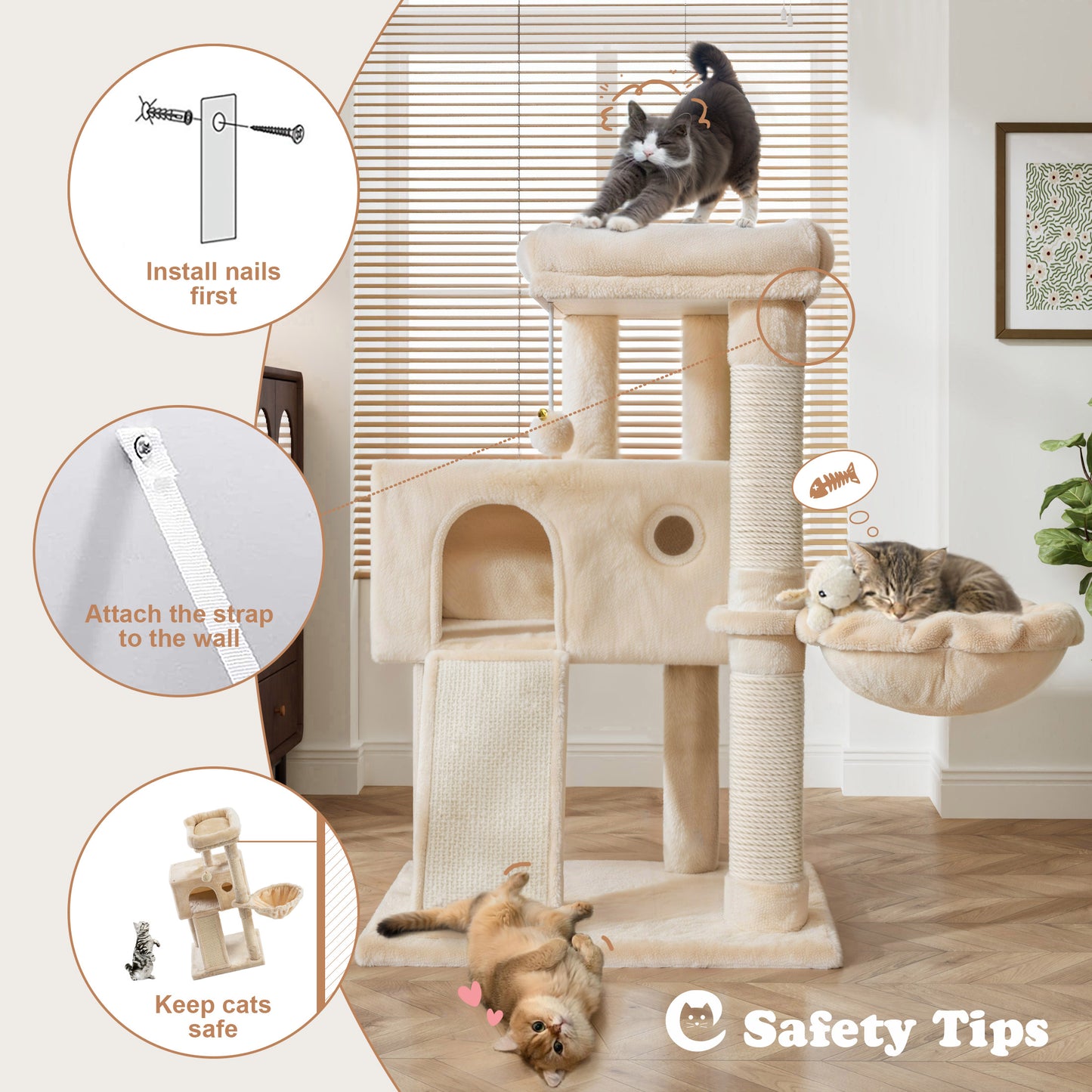68 Inches Multi-Level Large Cat Tree for Large Cats/Sisal Scratching Posts and Hammocks