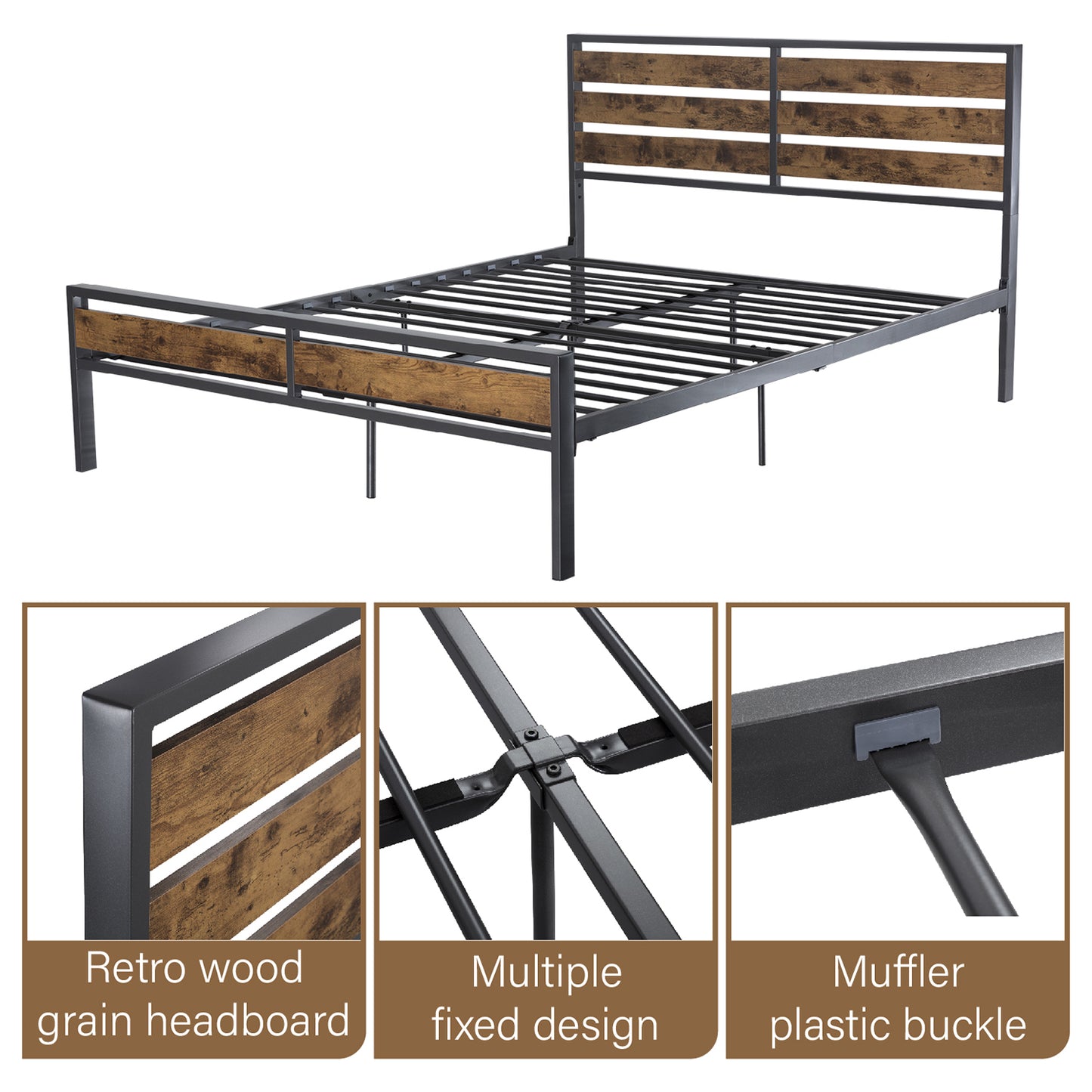 Full Size Bed Frame with Wood Headboard and Footboard, Black Frame