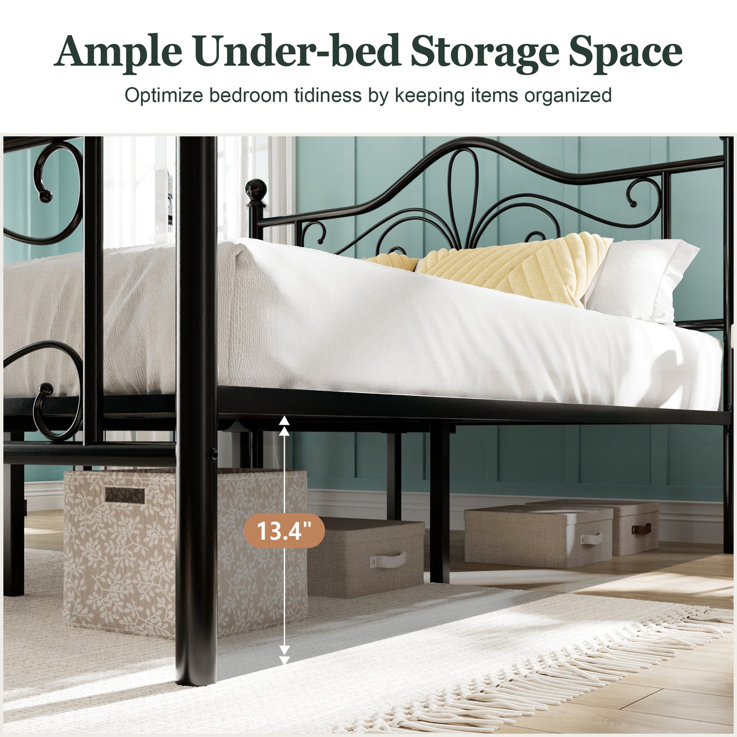 Amolife Metal Platform Bed Frame With Vintage Butterfly Pattern Headboard&Footboard