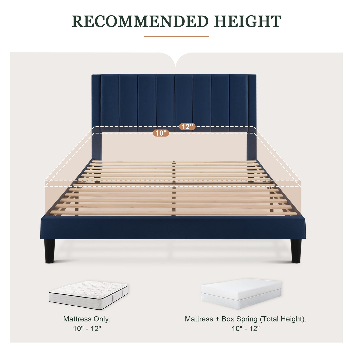 Velvet Upholstered Platform Bed Frame with Headboard, Strong Wood Slats Support