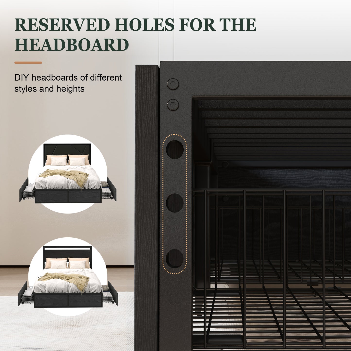 Amolife Platform Bed Frame with 2 Lockable Storage Drawers and Metal Slats