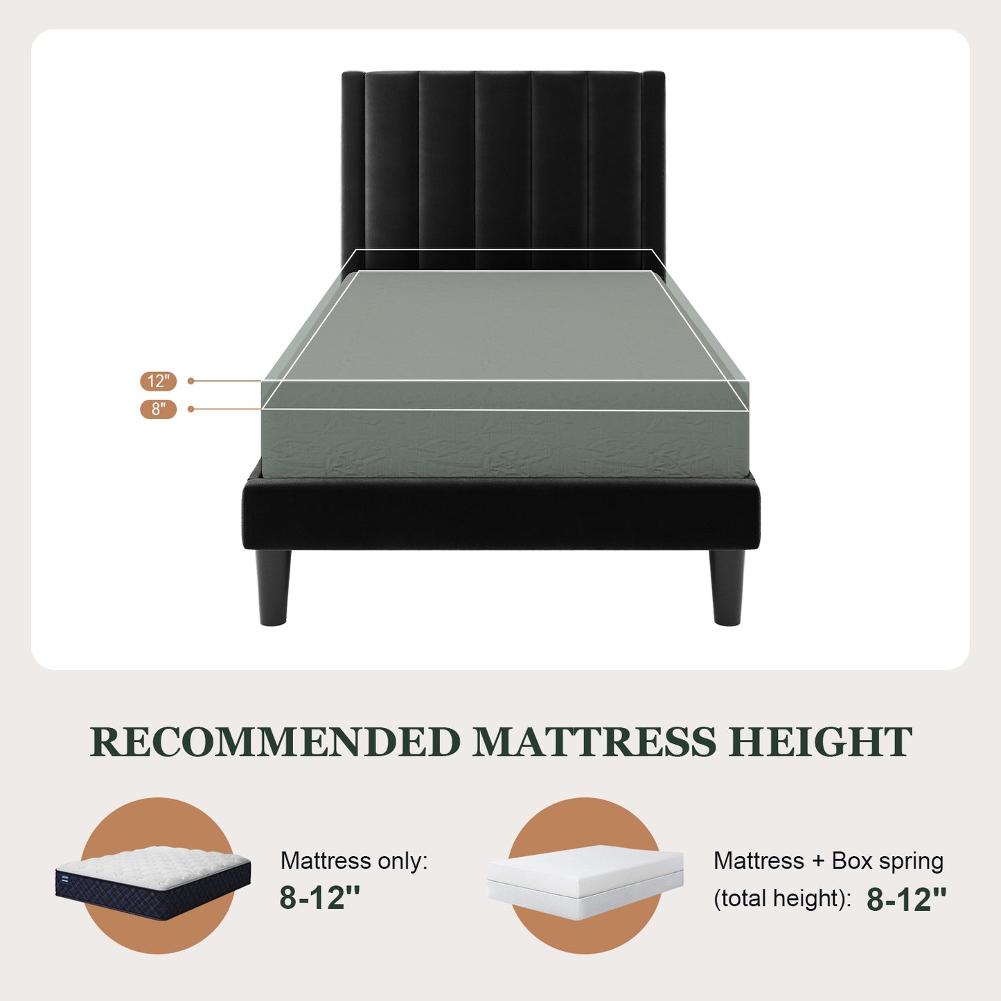 Amolife Twin Size Bed Frame with Velvet Channel Headboard