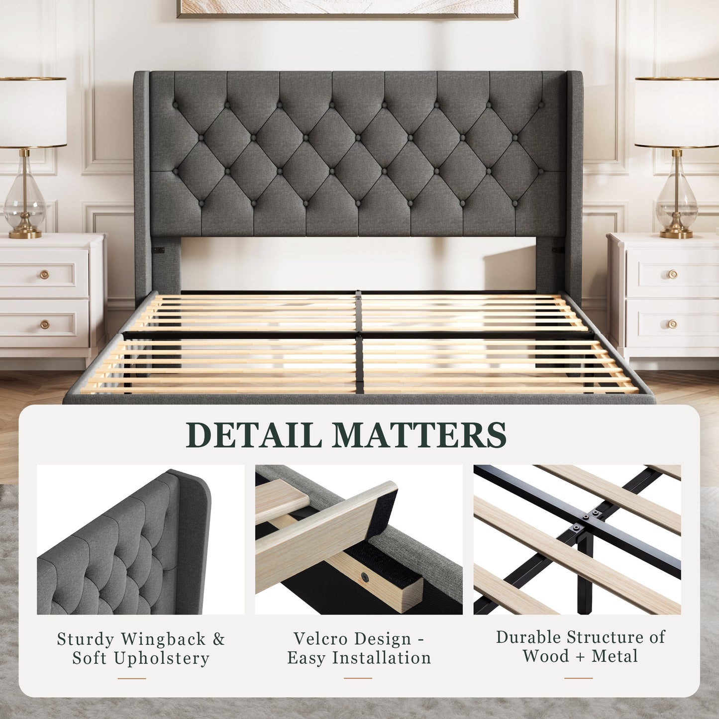 Queen Size Diamond Upholstered Platform Bed Frame with Deluxe Wing Back, Drak Gray